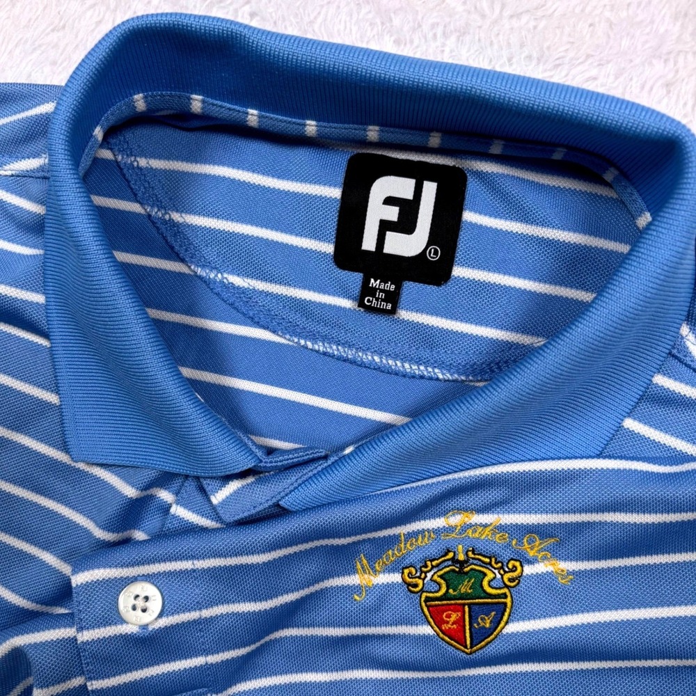 FootJoy Polo Shirt Mens L Blue Striped Meadow Lake Acres‎ MO Performance Golf